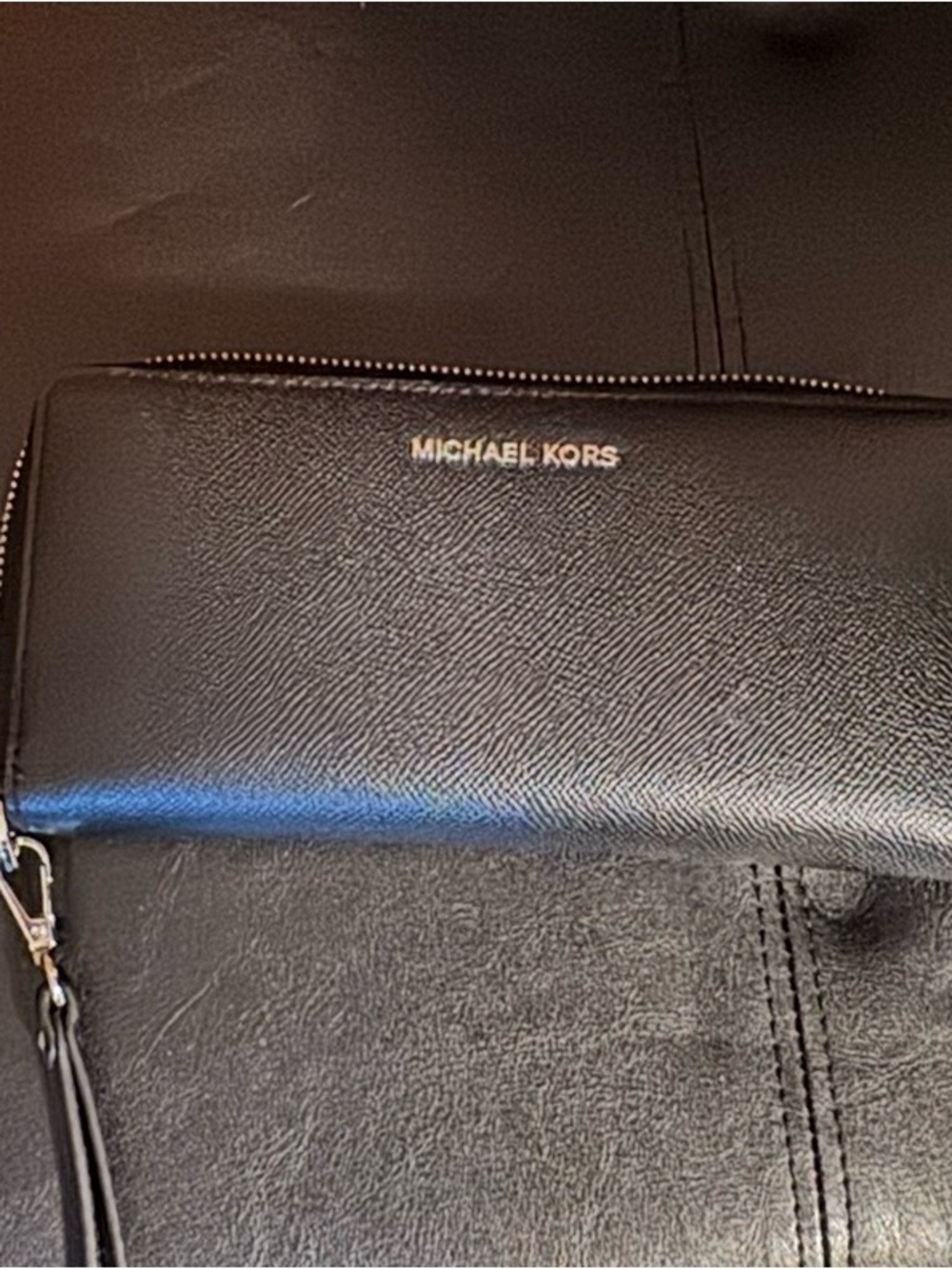 Michael Kors Black Leather Zip-Around Wallet with Gold Logo